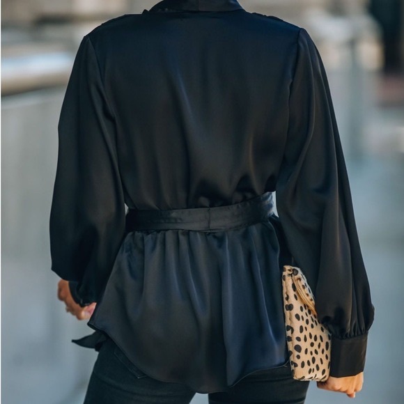 New S black Vici Motivation Satin Drape Wrap Blouse nwt - Picture 4 of 7